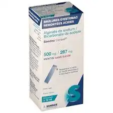 ALGINATE DE SODIUM/BICARBONATE DE SODIUM SANDOZ CONSEIL 500 mg/267 mg MENTHE SANS SUCRE, suspension buvable en sachet édulcorée à la saccharine sodique