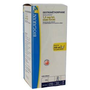 Dextromethorphane Biogaran 1,5 Mg/ml Sans Sucre, Solution Buvable édulcorée Au Maltitol Liquide Et à La Saccharine Sodique