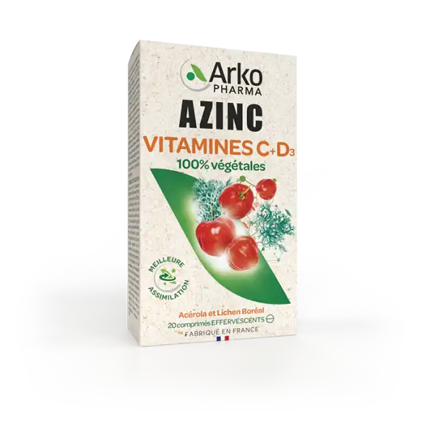 Azinc Végétal Vitamines C + D Acérola Et Lichen Boréal 20 Comprimés