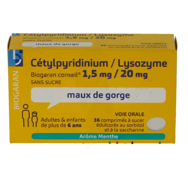 Cetylpyridinium / Lysozyme Biogaran Conseil 1,5 Mg/20 Mg Sans Sucre, Comprimé à Sucer édulcoré Au Sorbitol Et à La Saccharine