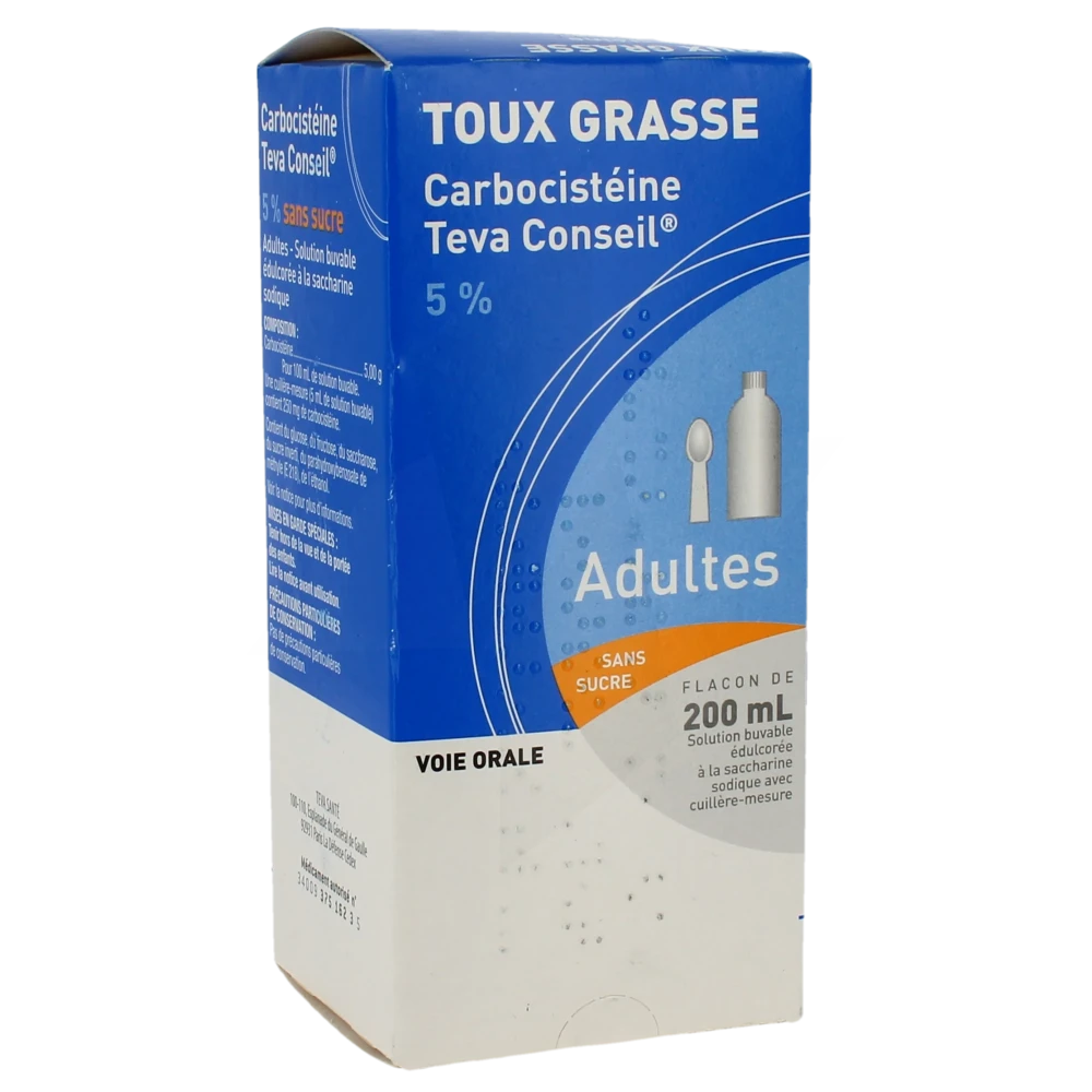 Carbocisteine Teva Conseil 5 % Adultes Sans Sucre, Solution Buvable édulcorée à La Saccharine Sodique