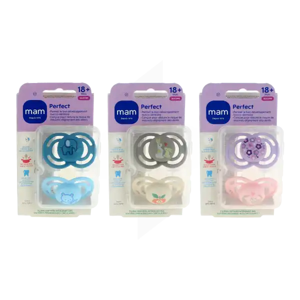 MAM PERFECT Sucette anatomique silicone + 18 mois animaux Boîte de 2