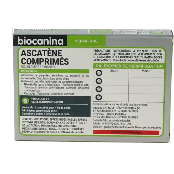 Ascatene Biocanina 400 Mg / 28,94 Mg Comprimes Pour Chiens Et Chats, Comprimé
