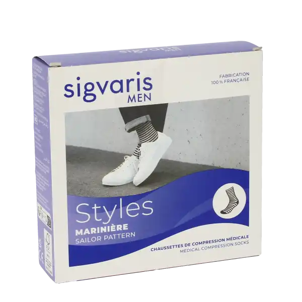 Sigvaris Styles Motifs Mariniere Chaussettes  Homme Classe 2 Marine Blanc Large Normal