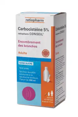 Carbocisteine Ratiopharm Conseil 5 % Adultes Sans Sucre, Solution Buvable édulcorée à La Saccharine Sodique à Lons
