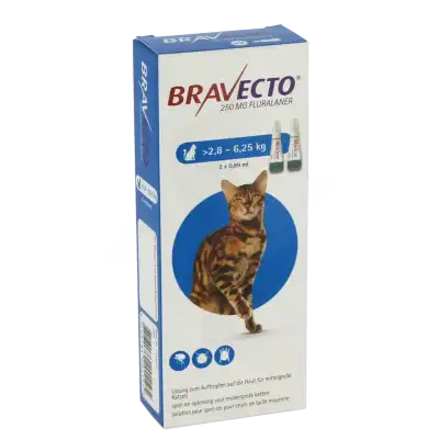 BRAVECTO 250 MG SOLUTION POUR SPOT-ON POUR CHATS DE TAILLE MOYENNE (> 2,8 - 6,25 KG), Solution pour spot-on