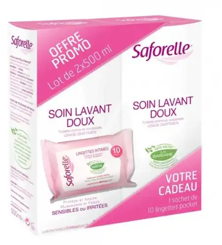 Saforelle Solution Soin Lavant Doux 2*500ml + Lingettes Offertes