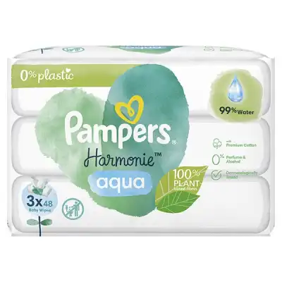Pampers Harmonie Aqua Lingettes Imprégnées 0% Plastique 3paquets/48 à Narrosse
