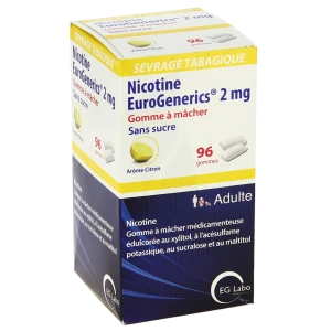 Nicotine Eurogenerics Citron 2 Mg Sans Sucre, Gomme à Mâcher Médicamenteuse édulcorée Au Xylitol, à L'acésulfame Potassique, Au Sucralose Et Au Maltitol