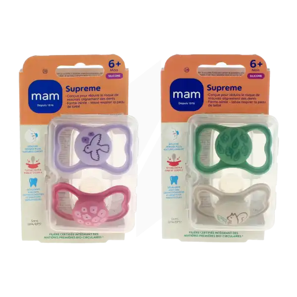 MAM SUPREME Sucette silicone + 6 mois Boîte de 2