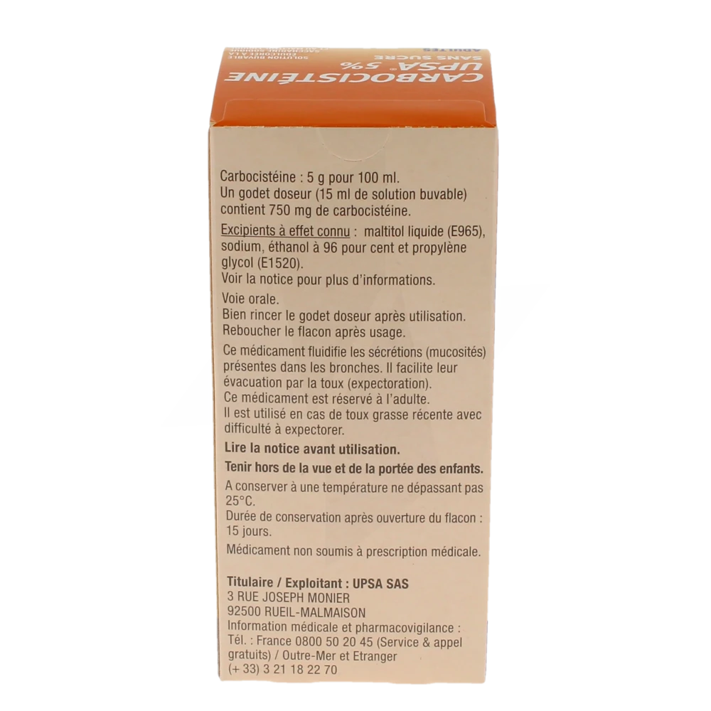 Pharmacie Lescombes Eysines - Médicament Carbocisteine Upsa 5 % Adultes  Sans Sucre, Solution Buvable édulcorée à La Saccharine Sodique Et Au  Maltitol Liquide - CARBOCISTÉINE