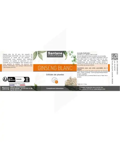 Santane Ginseng Blanc Gélules De Poudre De Plantes 280mg B/60