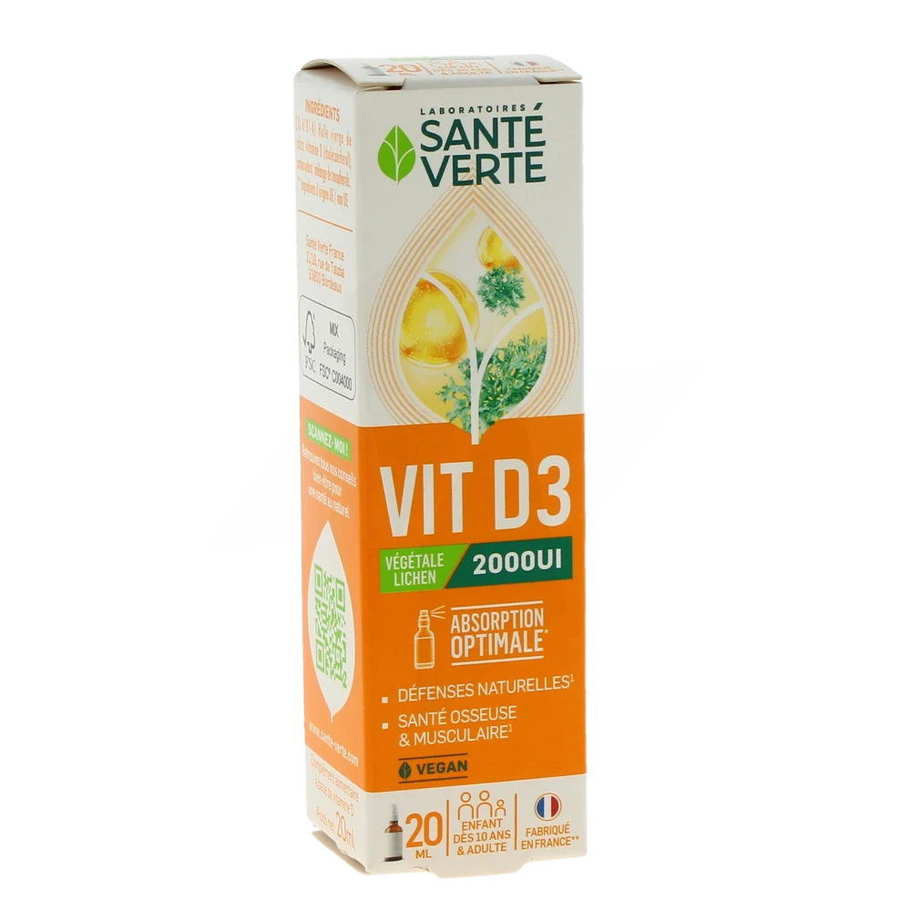 Santé Verte Vitamine D3 Végétale 2000 Ui Solution Buvable Spray De 20 Ml