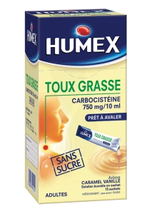 Humex Expectorant Carbocisteine 750 Mg/10 Ml Adultes Sans Sucre, Solution Buvable En Sachet édulcorée à La Saccharine Sodique, Au Sorbitol Et Au Maltitol Liquide