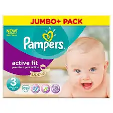 PAMPERS ACTIVE FIT, taille 3, midi, 4 kg à 9 kg, sac 31