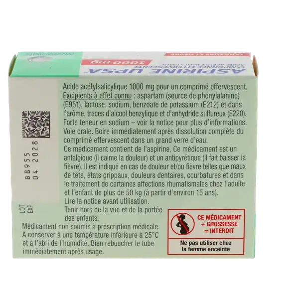 Aspirine Upsa Tamponnee Effervescente 1000 Mg, Comprimé Effervescent