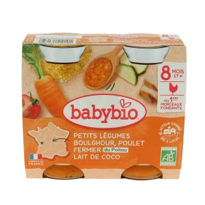 Babybio Alimentation Infantile Petits Légumes Boulghour Poulet Coco Morceaux 2pots/200g