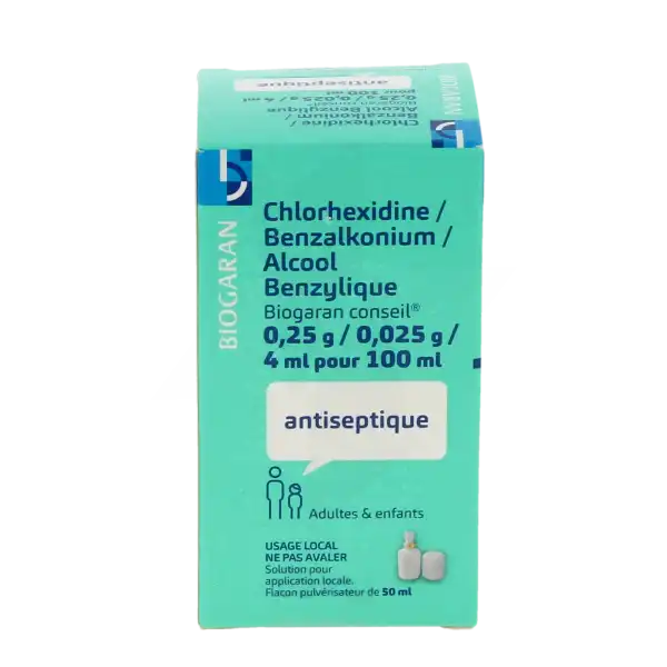 Chlorhexidine/benzalkonium/alcool Benzylique Biogaran Conseil 0,25 G/ 0,025 G/ 4 Ml Pour 100 Ml, Solution Pour Application Locale