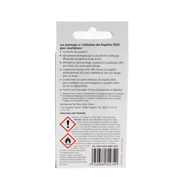 Zeiss Lingette Nettoyante Antibactérienne Smartphone écran 30 Sachets