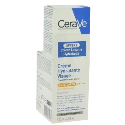 Cerave Crème Hydratante Visage Spf50 Pour Les Peaux Normales à Sèches Tube/52ml + Crème Lavante 20ml à Bordeaux