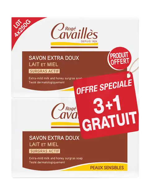 Rogé Cavaillès Savon Surgras Extra Doux Lait Et Miel 3x250g + 1 Offert