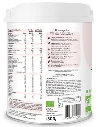 Popote Lait Infantile 1er âge Bio 800g