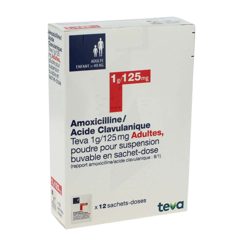 Amoxicilline/acide Clavulanique Teva 1 G/ 125 Mg Adultes, Poudre Pour Suspension Buvable En Sachet-dose (rapport Amoxicilline/acide Clavulanique : 8/1)