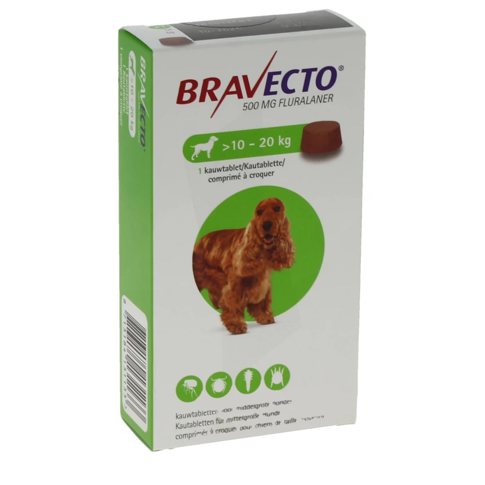 Bravecto 500 Mg Comprimes A Croquer Pour Chiens De Taille Moyenne (>10-20 Kg), Comprimé à Croquer