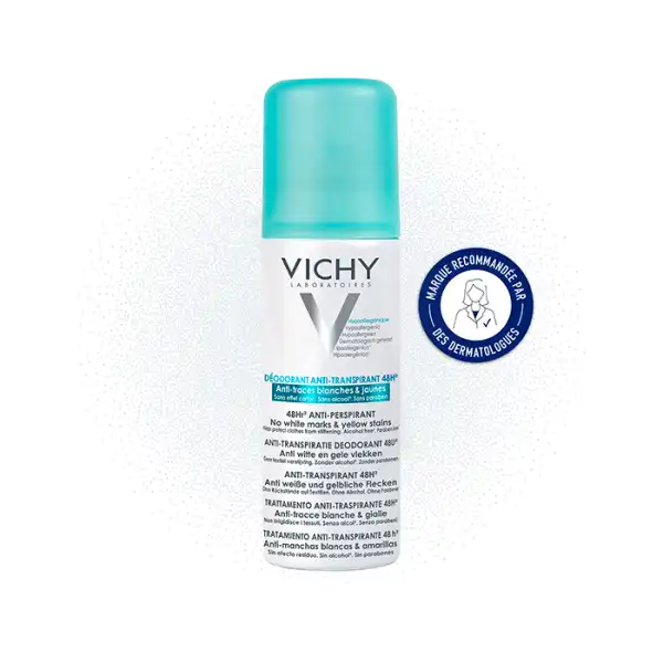 Vichy Déodorant Dermo-tolérance Anti Transpirant 48h Anti-traces Jaunes Et Blanches Anti-effet Carton Spray/125ml