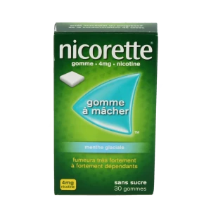 Nicorette Menthe Glaciale 4 Mg Sans Sucre, Gomme à Mâcher Médicamenteuse édulcorée Au Xylitol Et à L'acésulfame Potassique