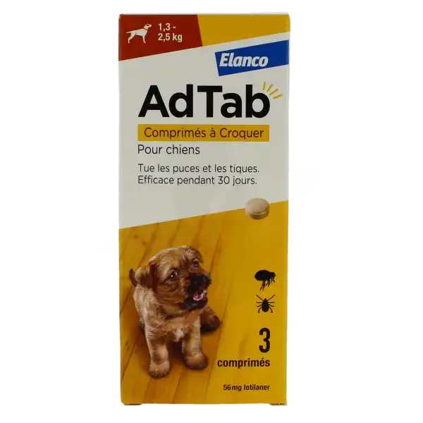 Adtab 56 Mg Comprimes A Croquer Pour Chiens (1,3 – 2,5 Kg), Comprimé à Croquer