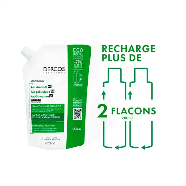 Vichy Dercos Technique Ecorecharge Antipell Ds Shampooing Traitant Pellicules & Démangeaisons Cheveux Normaux à Gras Recharge/500ml