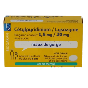 Cetylpyridinium / Lysozyme Biogaran Conseil 1,5 Mg/20 Mg Sans Sucre, Comprimé à Sucer édulcoré Au Sorbitol Et à La Saccharine