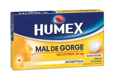 HUMEX MAL DE GORGE BICLOTYMOL 20 mg MENTHE SANS SUCRE, pastille édulcorée à l'isomalt