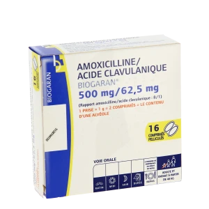 Amoxicilline/acide Clavulanique Biogaran 500 Mg/62,5 Mg, Comprimé Pelliculé (rapport Amoxicilline/acide Clavulanique : 8/1)