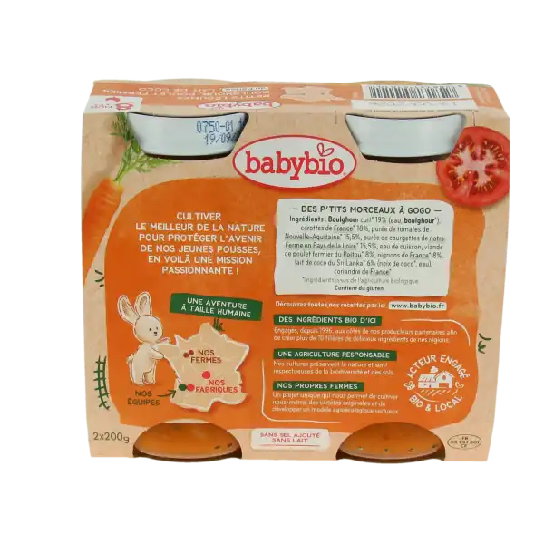 Babybio Alimentation Infantile Petits Légumes Boulghour Poulet Coco Morceaux 2pots/200g