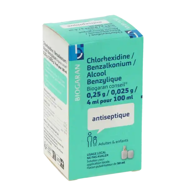 Chlorhexidine/benzalkonium/alcool Benzylique Biogaran Conseil 0,25 G/ 0,025 G/ 4 Ml Pour 100 Ml, Solution Pour Application Locale