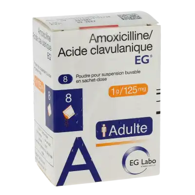 AMOXICILLINE/ACIDE CLAVULANIQUE EG 1 g/125 mg ADULTES, poudre pour suspension buvable en sachet-dose (rapport amoxicilline/acide clavulanique : 8/1)
