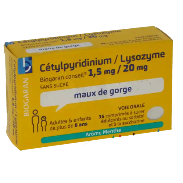 Cetylpyridinium / Lysozyme Biogaran Conseil 1,5 Mg/20 Mg Sans Sucre, Comprimé à Sucer édulcoré Au Sorbitol Et à La Saccharine