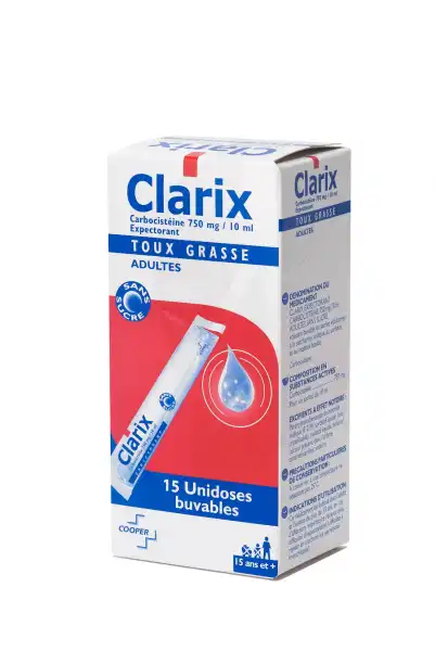 Carbocisteine Clarix 750 Mg/10 Ml Adultes, Solution Buvable En Sachet édulcorée à La Saccharine Sodique, Au Sorbitol Et Au Maltitol Liquide