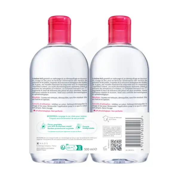Bioderma Créaline H2o Eau Micellaire Visage Nettoyante Démaquillante 2x500ml