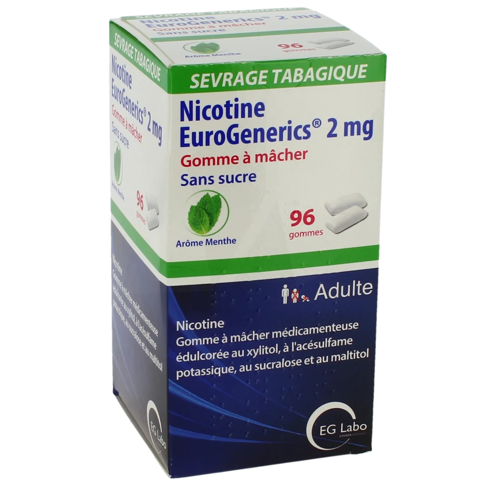 Nicotine Eurogenerics Menthe 2 Mg Sans Sucre, Gomme à Mâcher Médicamenteuse édulcorée Au Xylitol, à L'acésulfame Potassique, Au Sucralose Et Au Maltitol