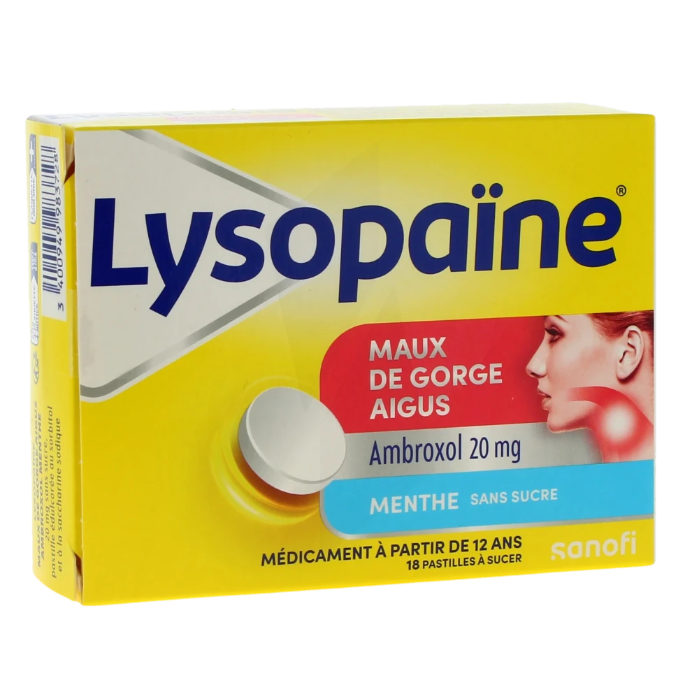 LysopaÏne Ambroxol 20 Mg Past Maux De Gorge Sans Sucre Menthe édulcorée Au Sorbitol Et Saccharine Sodique Plq/18