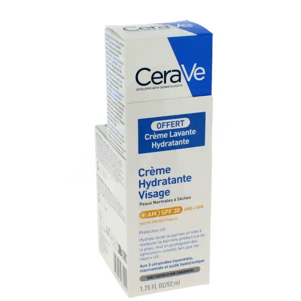 Cerave Soins Visage Crème Hydratante Visage Spf30 Pour Les Peaux Normales à Sèches Tube/52ml + Crème Lavante 20ml