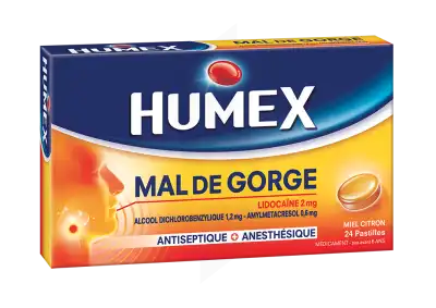 HUMEX MAL DE GORGE LIDOCAINE/ALCOOL DICHLOROBENZYLIQUE/AMYLMETACRESOL 2 mg/1,2 mg/0,6 mg MIEL CITRON, pastille