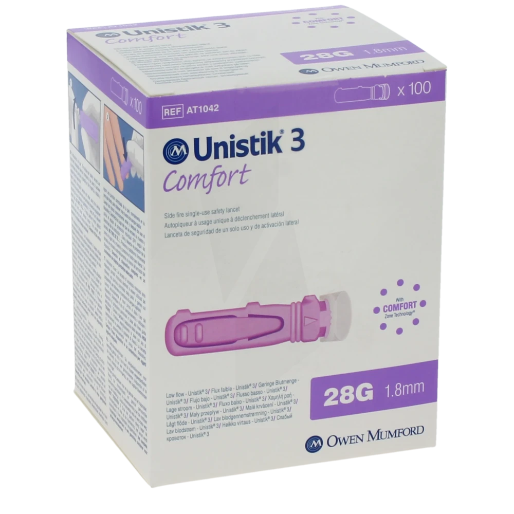 Unistik 3 Comfort Auto-piqueurs à Usage Unique Lancettes 28g Pour Tests De Glycémie 1,8mm