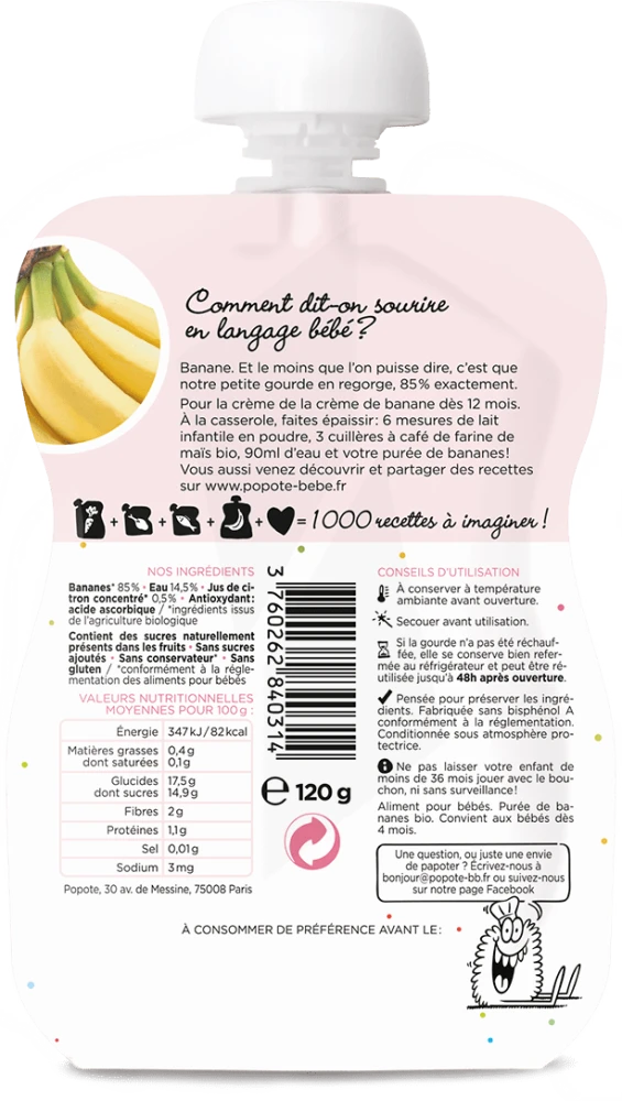 Compote de banane pour bébé 100% bio - Popote Bebe