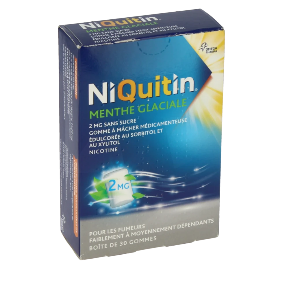 Niquitin Menthe Glaciale 2 Mg Sans Sucre, Gomme à Mâcher Médicamenteuse édulcorée Au Sorbitol Et Au Xylitol