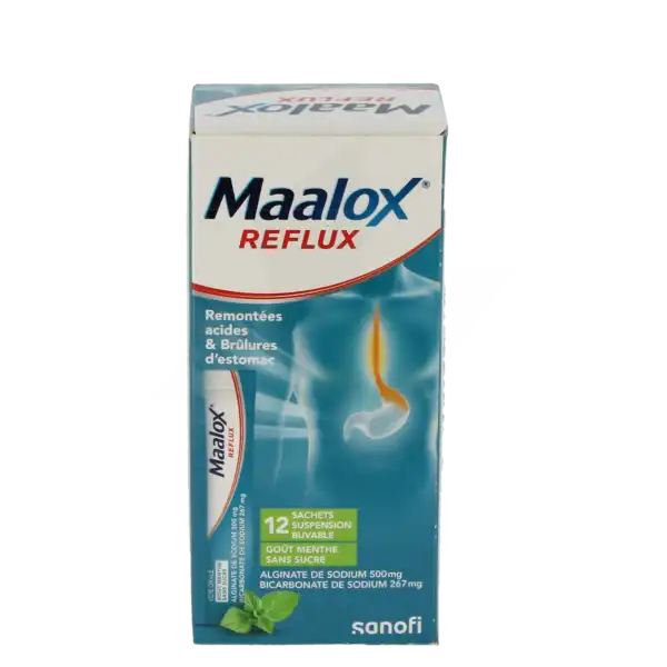 Maalox Reflux Alginate De Sodium/bicarbonate De Sodium Menthe 500 Mg/267 Mg Sans Sucre, Suspension Buvable En Sachet, édulcorée à La Saccharine Sodique