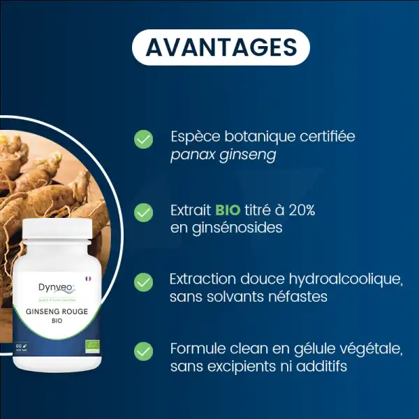 Dynveo Ginseng Rouge Bio Coréen 20% Ginsénosides 200mg 60 Gélules